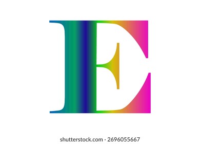 A bold letter E featuring a vibrant rainbow gradient fills the character. The abstract design stands out against a clean white backdrop, perfect for branding.