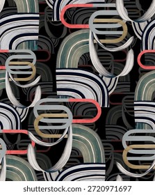 Bold modern abstract seamless pattern featuring layered curved shapes and graphic elements on a black background. Stylish design ideal for fashion textiles, interior décor, and statement wallpapers.