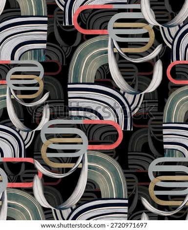 Bold modern abstract seamless pattern featuring layered curved shapes and graphic elements on a black background. Stylish design ideal for fashion textiles, interior décor, and statement wallpapers.