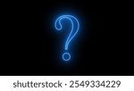 Bold neon blue question mark glowing on a deep black background, inviting curiosity.