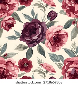 A bold and opulent floral pattern featuring prominent burgundy and deep red roses with green leaves, set against a light background, creating a statement of grandeur and romance.