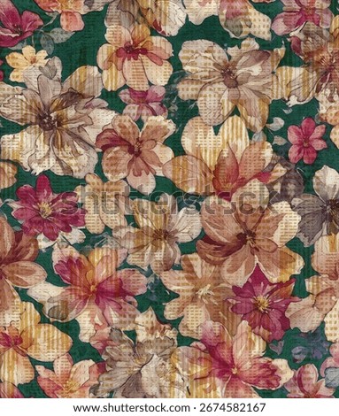 A bold, painterly floral pattern with cream and pale yellow flowers layered over abstract brushstrokes in earthy tones of olive, rust, and burgundy. The design has an artistic, textured feel—ideal for