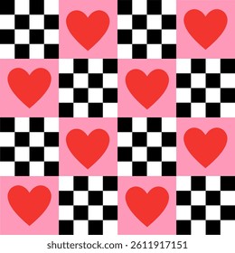 A bold pattern featuring bright red hearts alternating with classic black and white checkered squares on a soft pink backdrop.
