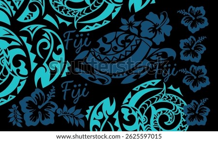 Bold Polynesian tribal pattern featuring a stylized turtle, hibiscus flowers, and “Fiji” text in blue and black. Ideal for island-themed decor, prints, or apparel.