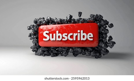 Bold red button surrounded by dark rocks encouraging viewers to subscribe for updates and content notifications