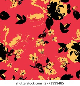 Bold red and yellow floral pattern with black accents on red background illustration hand drawn illustration background botanical