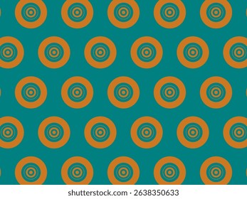 Bold, seamless pattern featuring concentric circles in teal and burnt orange, ideal for textile, web, and graphic design projects.