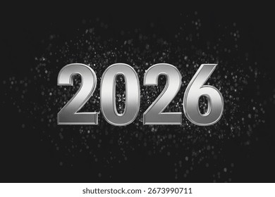 Bold silver 3D numbers representing the year 2026 are presented with a polished metallic finish. Subtle sparkling elements enhance the futuristic and celebratory feel of this graphic.