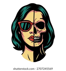 A bold vector illustration featuring a woman's face split vertically with a human skull. The left side shows a fashionable woman with turquoise hair and red sunglasses,