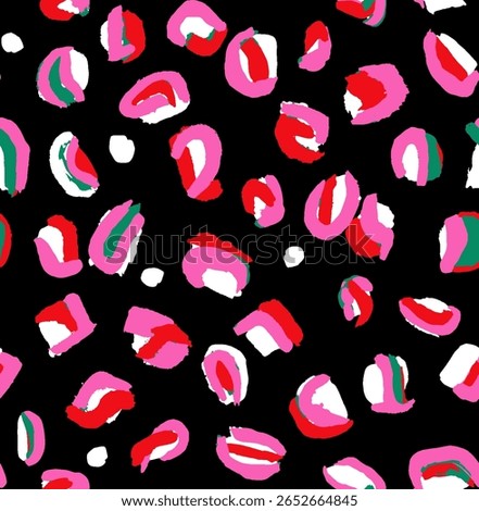 Bold vector-style leopard print with expressive pink, red, and white spots on a black background. Ideal for fashion apparel, activewear, and playful surface design projects.
