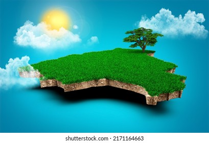 Bolivia Map, Realistic 3D Map of Bolivia Clouds Tree sun rays on bright blue Sky 3d illustration 