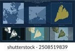 Bolshevik Island in the Kara Sea - belonging to Russia. Described location diagram with yellow shape of the island and sample maps of its surroundings