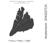 Bolshevik Island in the Kara Sea, belonging to Russia, isolated on a bilevel elevation map, with distance scale