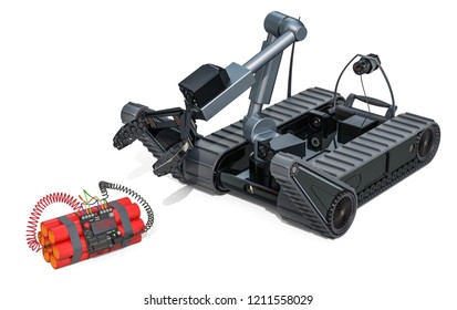 Bomb disposal robot with bomb, 3D rendering isolated on white background