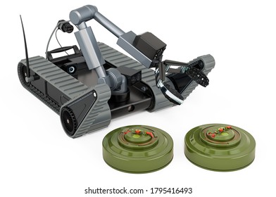 Bomb disposal robot with anti-tank mine, 3D rendering isolated on white background