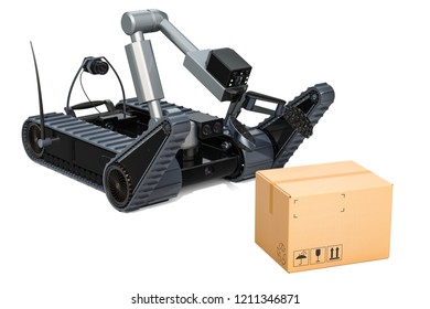 Bomb disposal robot with dangerous cardboard box, 3D rendering isolated on white background