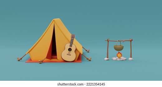 Bonfire Outside Tent On Camping Site, Elements For Camping, Summer Camp, Traveling, Trip, Hiking, 3d Rendering.