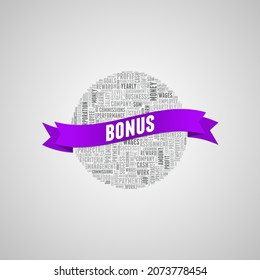 Bonus typography concept word cloud with purple ribbon over grey gradient background.	