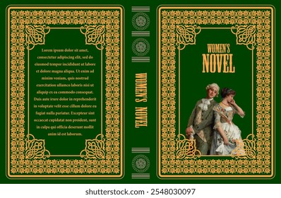 Book cover design featuring elegant golden frame on green background, title women's novel, and a vintage illustration of a couple, ideal for historical romance or literature. No ai - Powered by Shutterstock