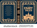 Book cover design featuring a fantasy castle and ornate vintage frame on a blue background. No AI