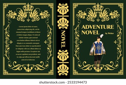 Book cover design featuring a musketeer character standing in front of an ornate frame on a green background. No AI
 - Powered by Shutterstock