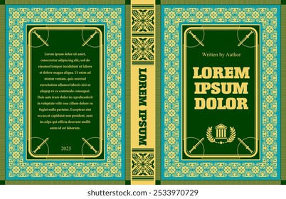 Book cover design featuring a musketeer character standing in front of an ornate frame on a green background. No AI - Powered by Shutterstock