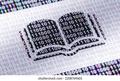 Book Icon In Display With Binary Code ( Array Of Bits ). 3D Illustration.