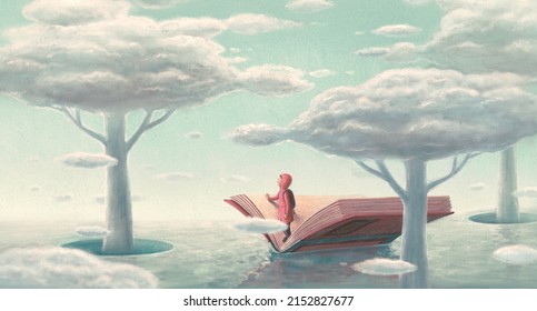 Book of Imagination and a boy. Fantasy art. Concept idea of education, kid, child dream, inspiration, creative, edventure and lerning. Conceptual 3d illustration. Surreal painting.  - Powered by Shutterstock