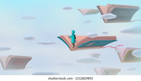 Book of Imagination and a boy. Fantasy art. Concept idea of education, kid, child dream, inspiration, creative, adventure and lerning. Conceptual 3d illustration. Surreal painting. 
