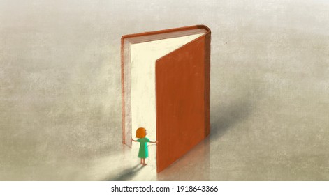 Book Of Imagination With A Girl, Education Dream Hope Inspiration And Freedom Concept, Surreal Painting. Fantasy Art, Conceptual Artwork, Happiness Of Child , 3d Illustration