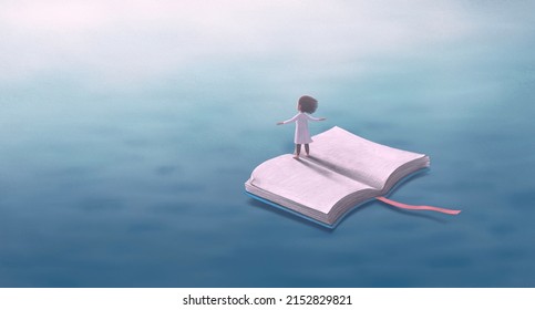 Book of Imagination and a girl. Fantasy art. Concept idea of education, kid, child dream, inspiration, creative, adventure and lerning. Conceptual 3d illustration. Surreal painting. 