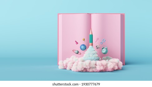 book kid imagine creative clock time universe globe saturn stars rocket sky clouds smoke connected world technology pink pastel education pencil subject open mind calculations space. 3D illustration.