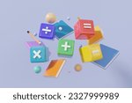 Book mathematic calculation learning education concept. basic math operation colorful icon symbols math, plus, minus, multiplication, number divide. Minimal cartoon style. 3d rendering illustration