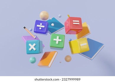 Book mathematic calculation learning education concept. basic math operation colorful icon symbols math, plus, minus, multiplication, number divide. Minimal cartoon style. 3d rendering illustration