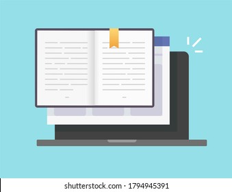 Book Or Notepad Digital Open Online Pages With Text Icon, Electronic Notebook Or Textbook Paper With Bookmark On Laptop Computer Flat Cartoon Illustration Image