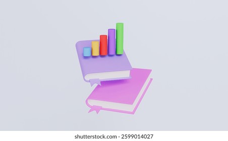 Book with pie chart statistic data, business research, data analysis concept 3d illustration