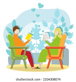 Book Reading Man Woman Love Books Home Library People Armchair Flowers Heart