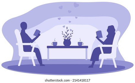 Book Reading Man Woman Love Books Home Library People Armchair Table Flowers Blue Monochrome