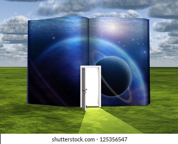 Book With Science Fiction Scene And Open Doorway Of Light