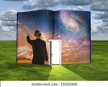 Book With Science Fiction Scene And Open Doorway Of Light