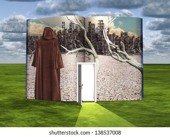 Book With Science Fiction Scene And Open Doorway Of Light