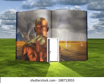 Book With Science Fiction Scene And Open Doorway Of Light