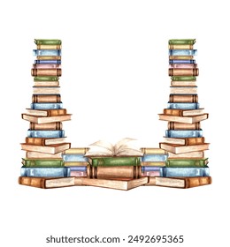 Book stacks, frame square. Composition with copy space from textbooks on bookshelf. Hand drawn watercolor illustration isolated. Knowledge for all. Template for card, website, bookstore or library.