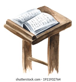 book of the Torah Pentateuch of Moses is open on the prayer table. Hand drawn watercolor illustration, isolated on white background