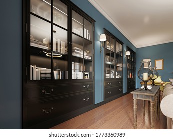 Bookcases built into the wall, with books in the classic living room. Wooden console by the sofa with decor. Black furniture and sconces on the wall. 3D rendering.