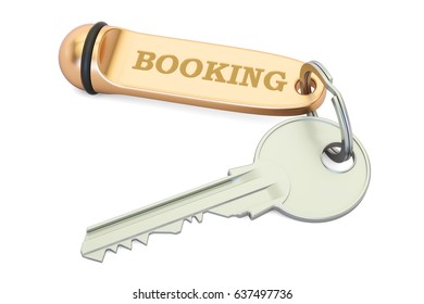 Booking Concept, Hotel Key With Keychain. 3D Rendering