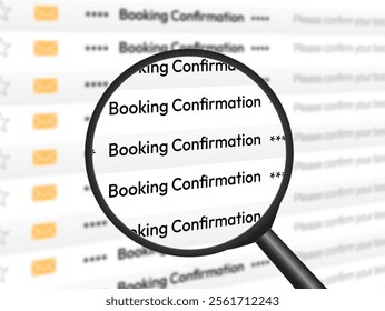 Booking confirmation email notification background design. Magnify glass zoom on the mail title, backdrop