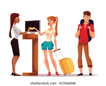 Booking Hotel Rooms, Cartoon Illustration Of A Funny Comic, Young Couple Taking The Keys To Their Room, A Man And A Woman On Vacation To Stay In A Hotel, Hotel Reception