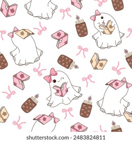 Bookish ghost seamless repeating pattern, Ice coffee and pink coquette ribbon bows, Cute preppy girly spooky season for fabric and wallpaper, Printable digital paper background  - Powered by Shutterstock