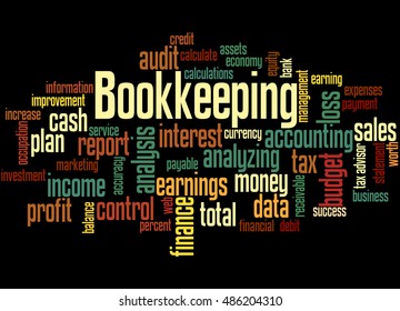 Bookkeeping, word cloud concept on black background. 
